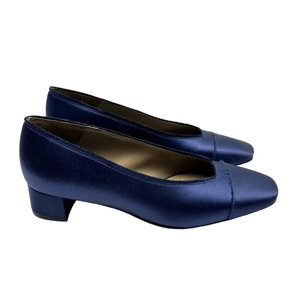 Pedro Garcia Eladia NEW Navy Silk Satin Low Block Heel Slip On Pump $550